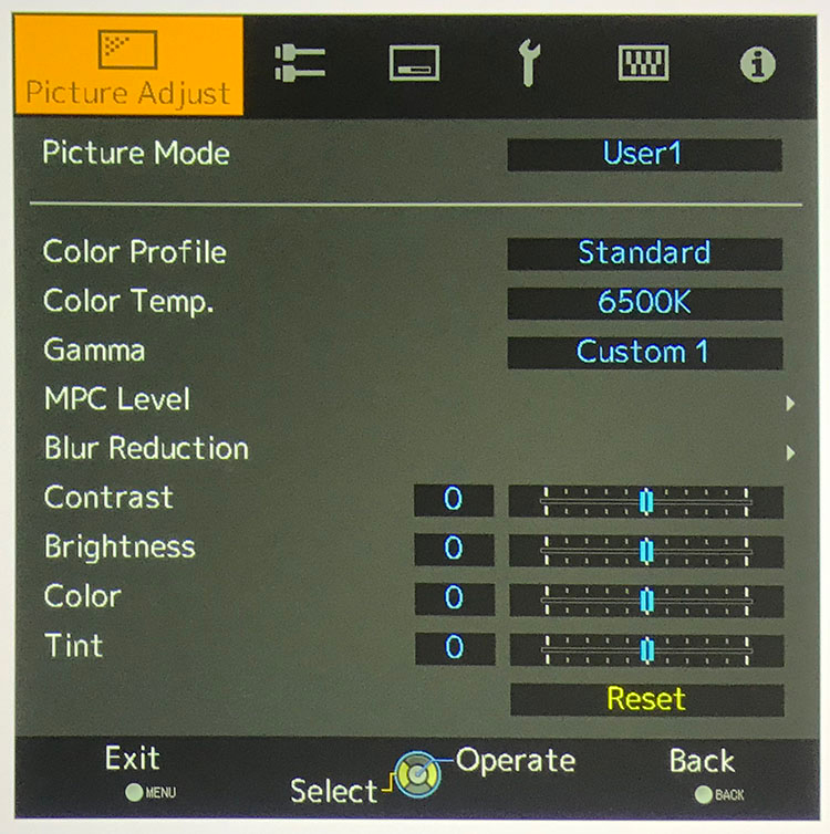 JVC DLA-RS640 Ultra HD Projector Picture Adjust Menu