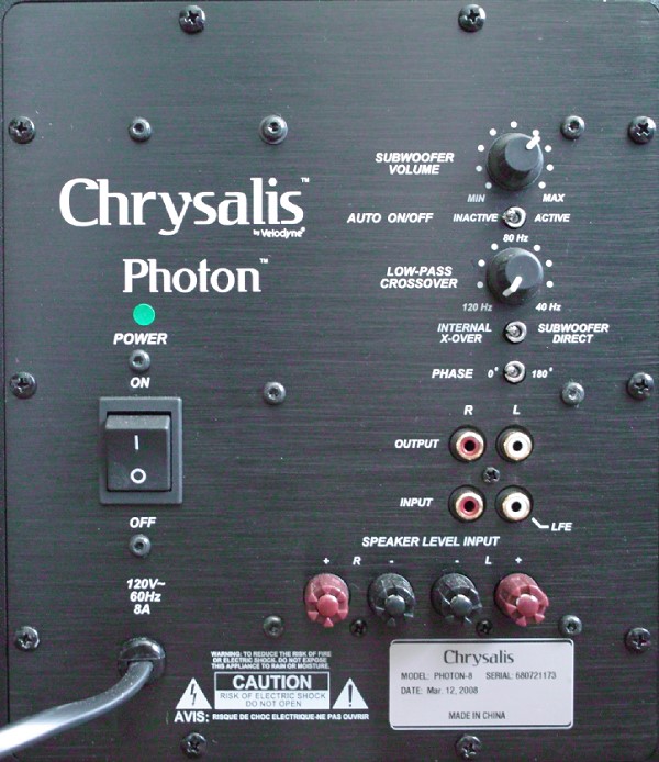 Chrysalis Photon-8 Subwoofer Rear Panel