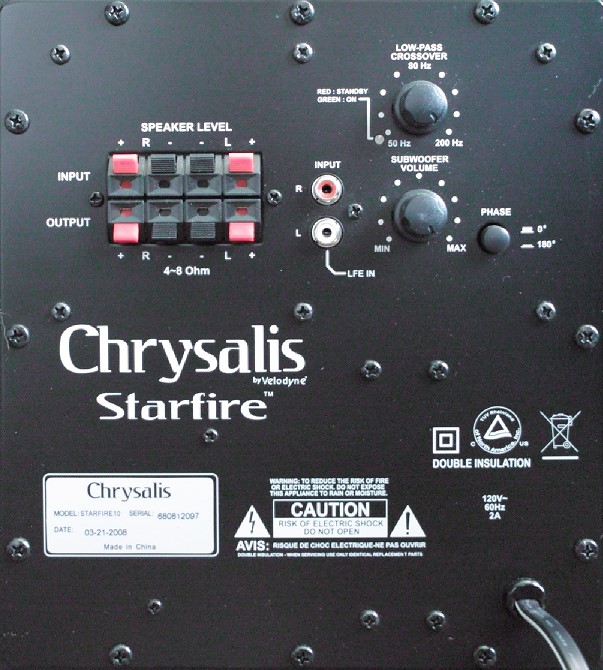 Chrysalis Starfire-10 Subwoofer Rear Panel