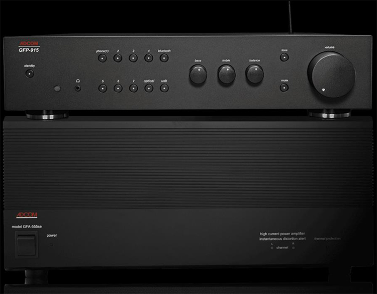 ADCOM GFP-915 Stereo Preamplifier and ADCOM model GFA-555se Power Amplifier Stacked View