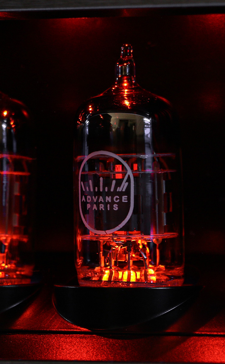 Advance Paris APEX glowing vacuum tube brightly lit with an intense red-orange glow