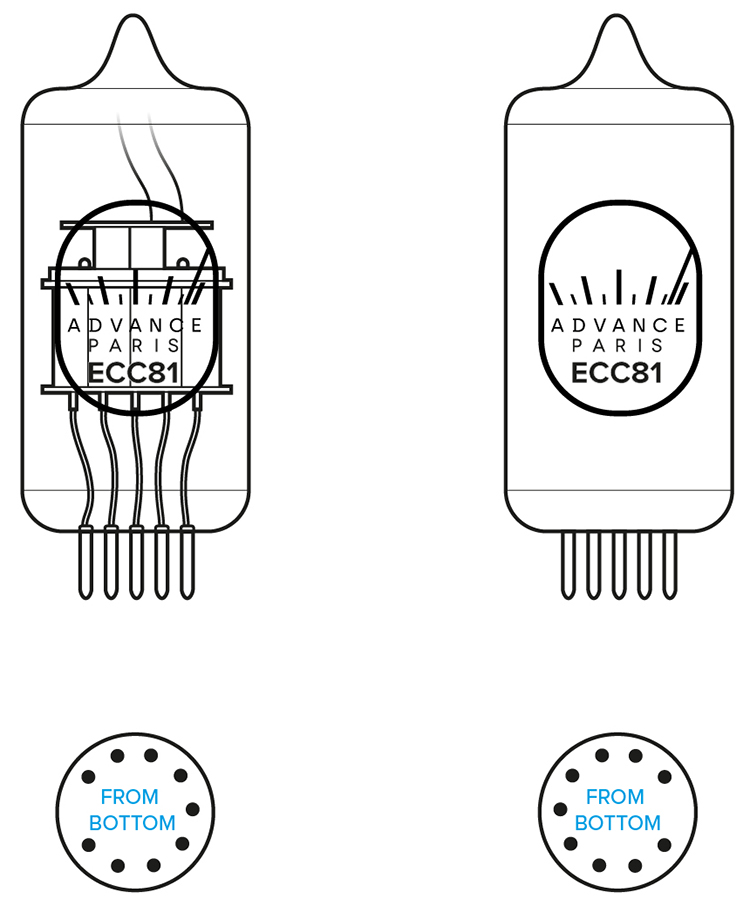 Technical line drawing illustration showing two views of the Advance Paris ECC81 vacuum tubes; The drawing on the left shows the internal structure of the tube and the base pins; The drawing on the right shows a simplified exterior view; Below each tube, a circular diagram of the base pins is shown from the bottom, labeled FROM BOTTOM in blue text