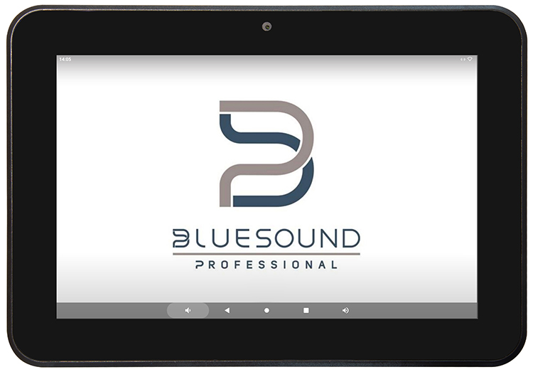 Bluesound Professional CP300 Wall Mount Control Panel showing off a splash screen of the Bluesound Professional logo Front View