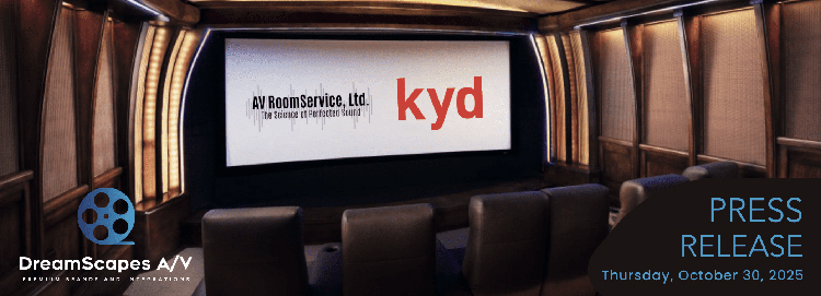 Digital promotional marketing banner showcasing the DreamScapes A/V logo and AV RoomService, Ltd. plus KYD logos layered on top of a audio demo showroom home theater high fidelity auditorium theater background image