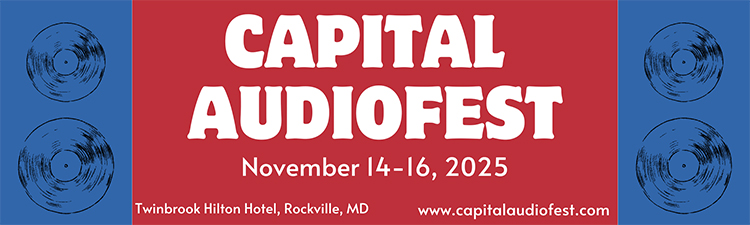Digital promotional marketing banner showcasing the Capital Audio Fest 2025 which will be held from November 14-16, 2025 at Twinbrook Hilton Hotel, Rockville, MD and the main website listed is www.capitalaudiofest.com