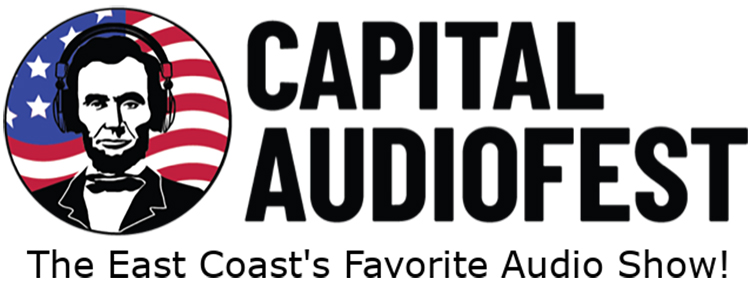 Digital promotional marketing banner showcasing the Capital Audio Fest logo of Abraham Lincoln wearing headphones with a United States of America flag behind him followed by a mantra down below that reads The East Coast's Favorite Audio Show!