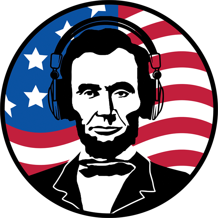 Digital logo showcasing Abraham Lincoln wearing headphones with a United States of America flag behind him as this logo is for the Capital Audio Fest event