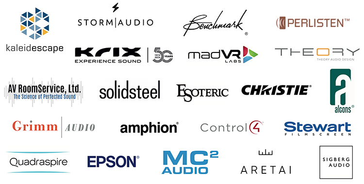 A collage of logos for various audio-visual and home theater companies, including KALEIDESCAPE, STORM AUDIO, Benchmark, PERLISTEN, KRIX, madVR LABS, THEORY, AV RoomService, Ltd., solidsteel, ESOTERIC, CHRISTIE, alcons, Grimm Audio, amphion, Control4, Stewart FILMSCREEN, Quadraspire, EPSON, MC² AUDIO, ARETAI, and SIGBERG AUDIO