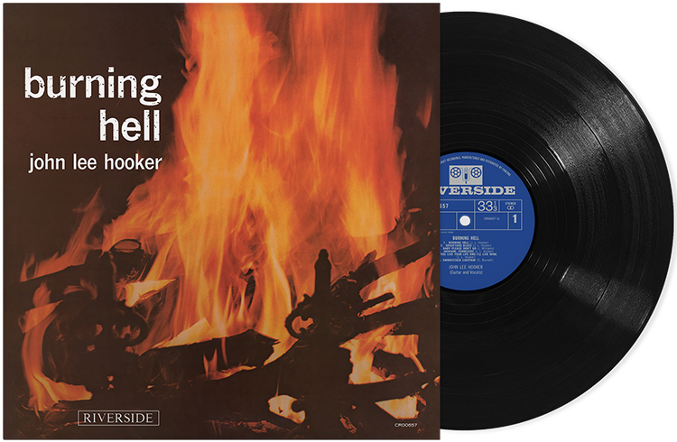 Burning Hell by John Lee Hooker album music cover artwork with black vinyl record sticking out to the right halfways