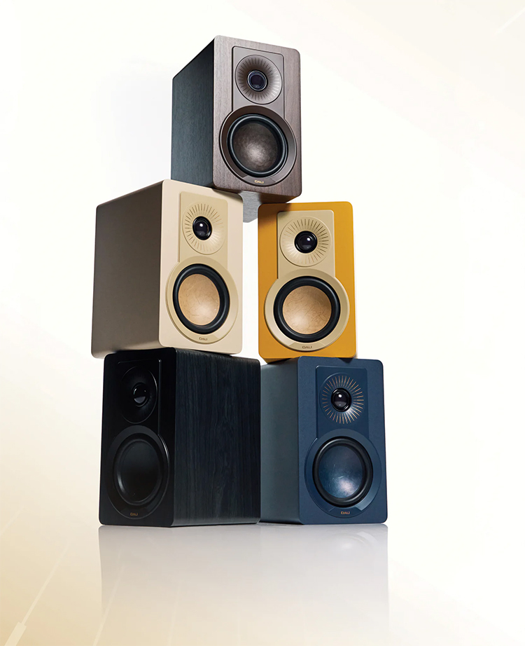 DALI KUPID compact high performance loudspeakers Black Ash​, Walnut, Caramel White, Golden Yellow​, and Chilly Blue color finishes