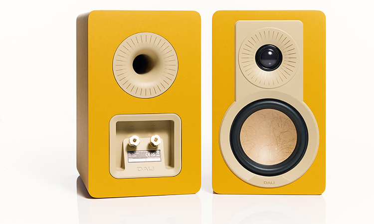 DALI KUPID compact high performance loudspeakers Golden Yellow​ color finish Rear and Front View