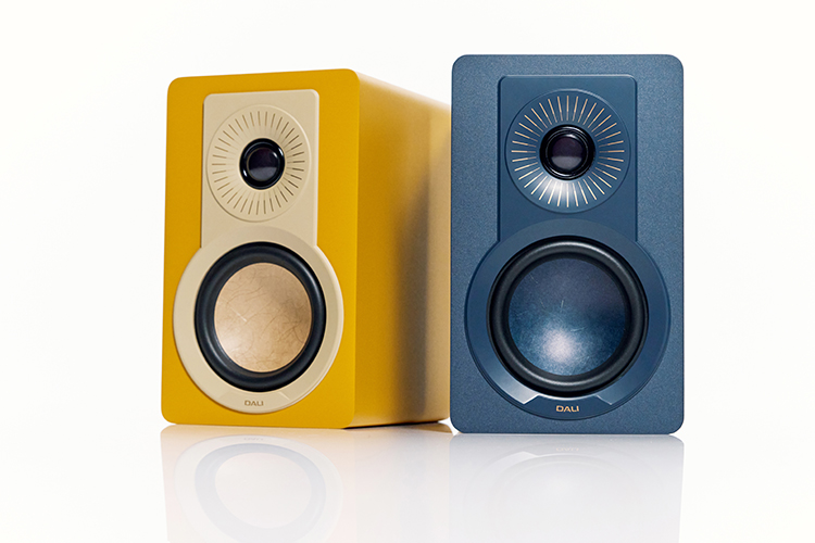 DALI KUPID compact high performance loudspeakers Golden Yellow​ and Chilly Blue color finishes Front Angle View