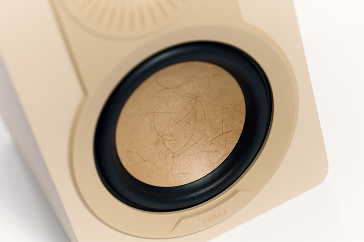 DALI KUPID compact high performance loudspeaker Caramel White color finish Front Woofer Angle Close-up View