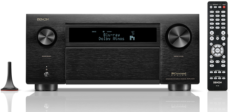 Denon AVR-A10H AV Receiver Front View with mic accessory and remote control nearby product