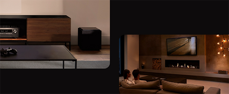 Close-up photograph perspective of two different living room settings as the first image shows a black tabletop with a gaming controller on it plus in the far background is a tucked away Denon AV receiver or preamplifier product while the second image shows a couple seated down on a couch watching tv and in the far background is a tucked away Marantz AV receiver or preamplifier product
