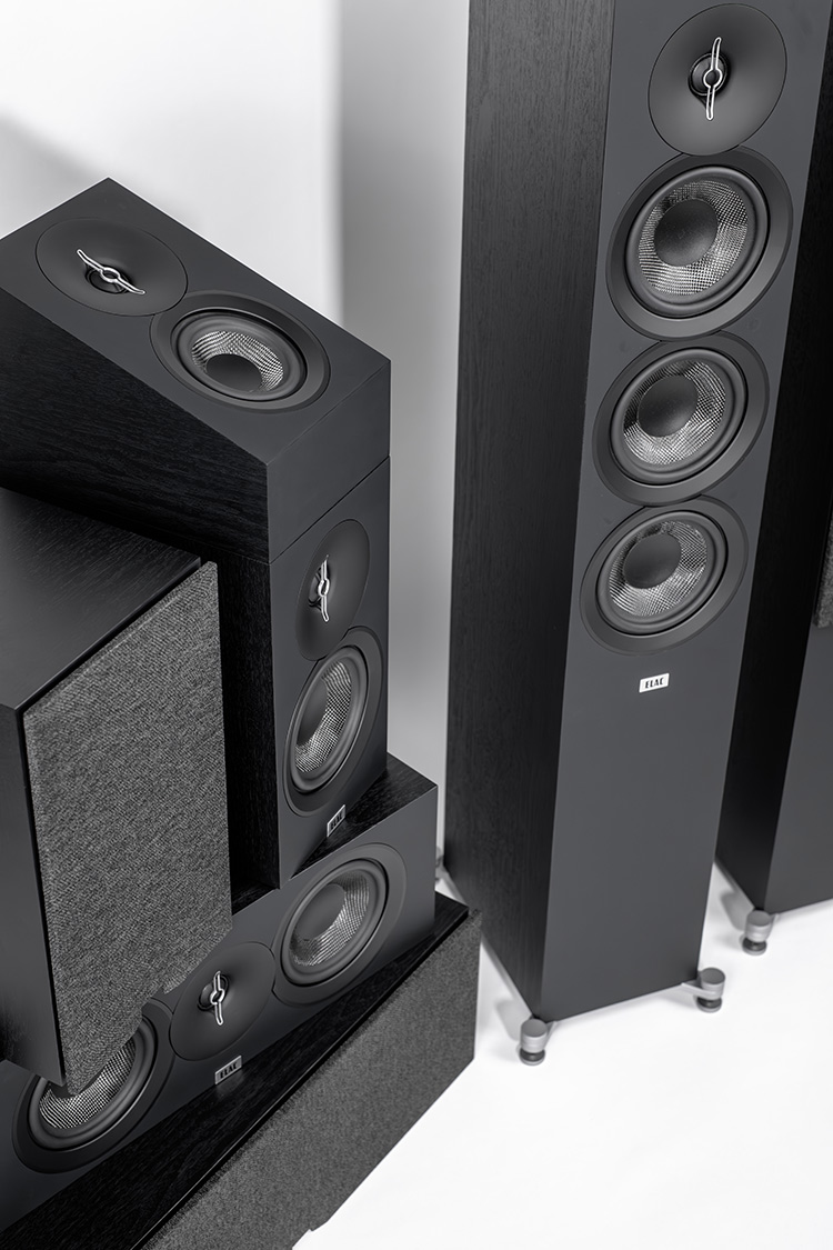 ELAC Debut 3.0 home theater product line of speakers Top Aerial Close-up View