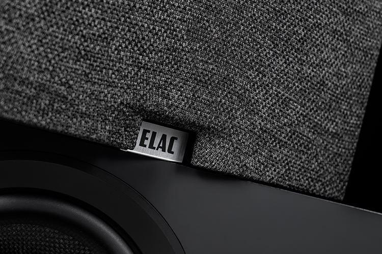 ELAC logo sealed into the Debut 3.0 home theater product speaker model Close-up View