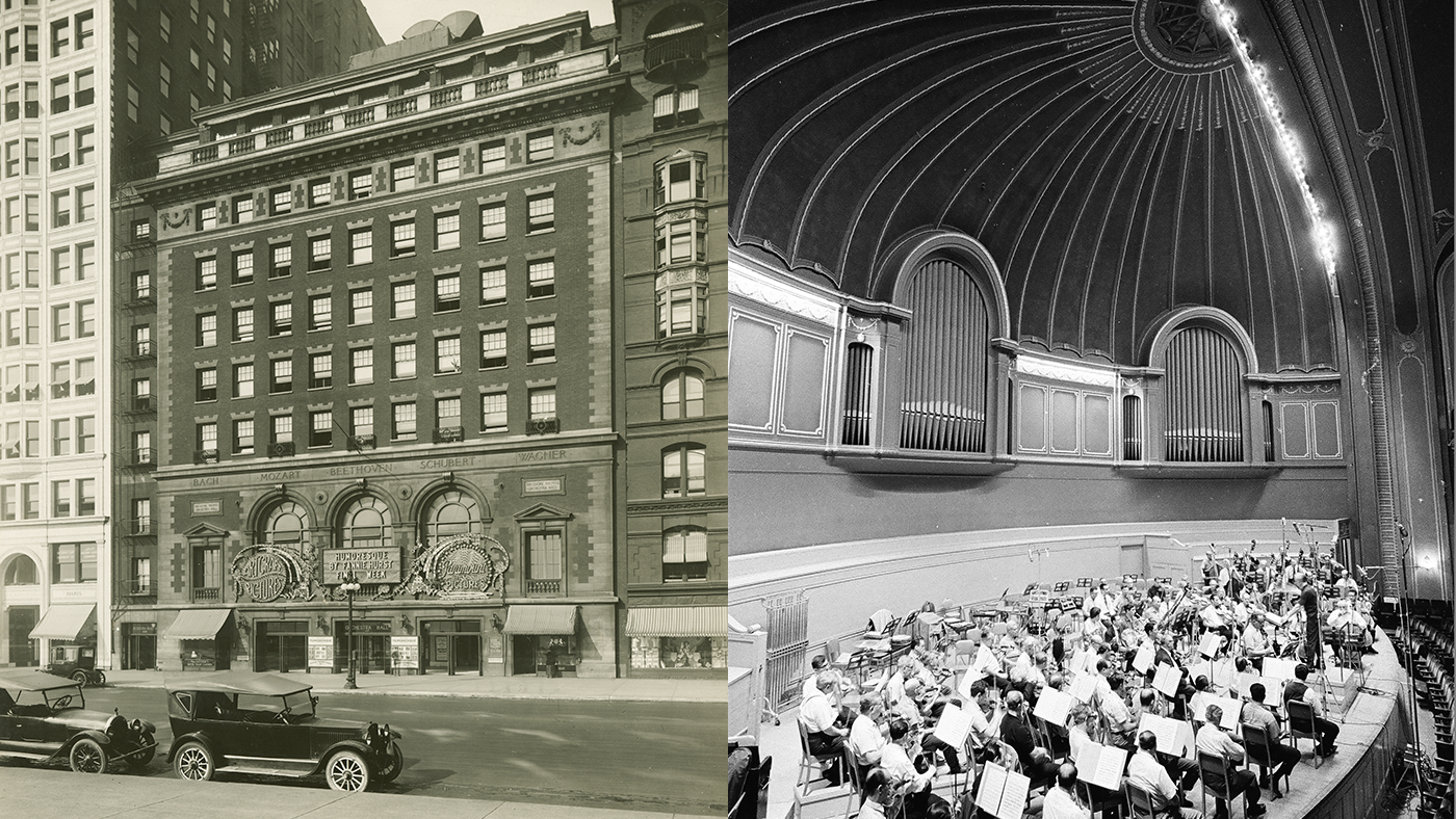 Vintage photograph of Chicago Symphony Orchestra Hall (pictured left is exterior view in 1920) and its stage in 1966 (pictured right is interior view) during a recording session with Benny Goodman and the Chicago Symphony Orchestra.