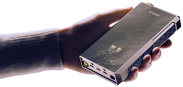 Digital rendering close-up image display of a person's hand/arm holding the FiiO M27 portable music player