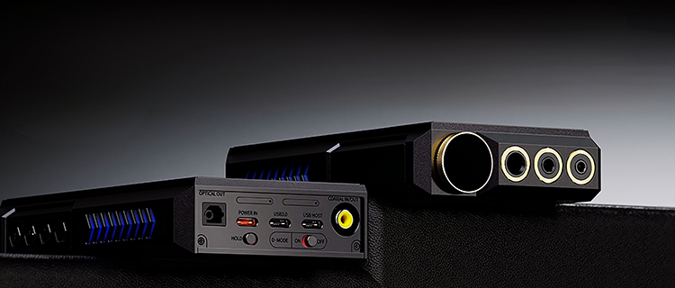 Digital rendering close-up image display of the FiiO M27 portable music players resting on a black matte colored surface