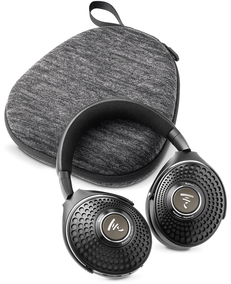 Focal Bathys Wireless Hi-Fi Headphone Deep Black Finish product model resting beside its closed travel carrying case bag