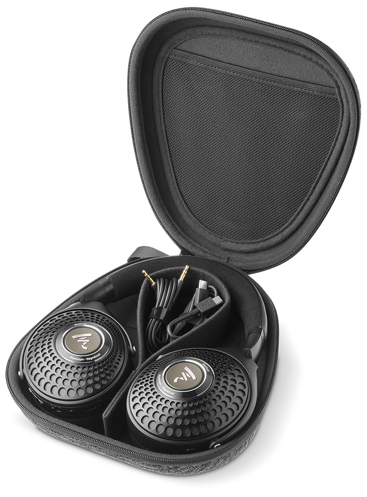 Focal Bathys Wireless Hi-Fi Headphone Deep Black Finish product model resting inside its open travel carrying case bag with cable accessories