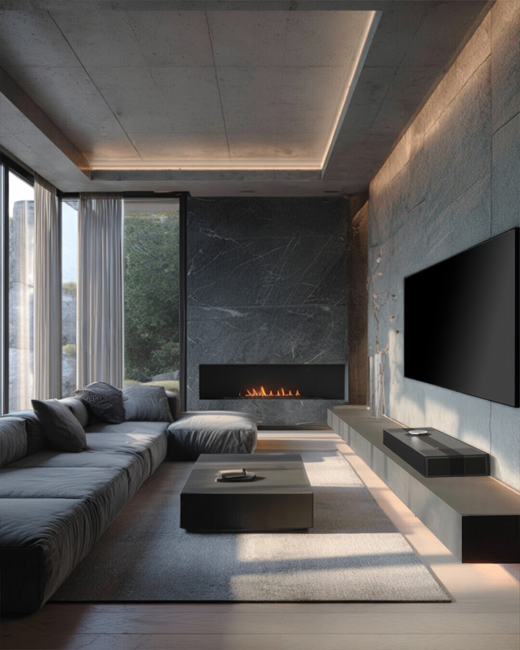 Lifestyle view of a Focal Mu-so Hekla All-in-one Immersive Home Cinema System situated within a modern living room area