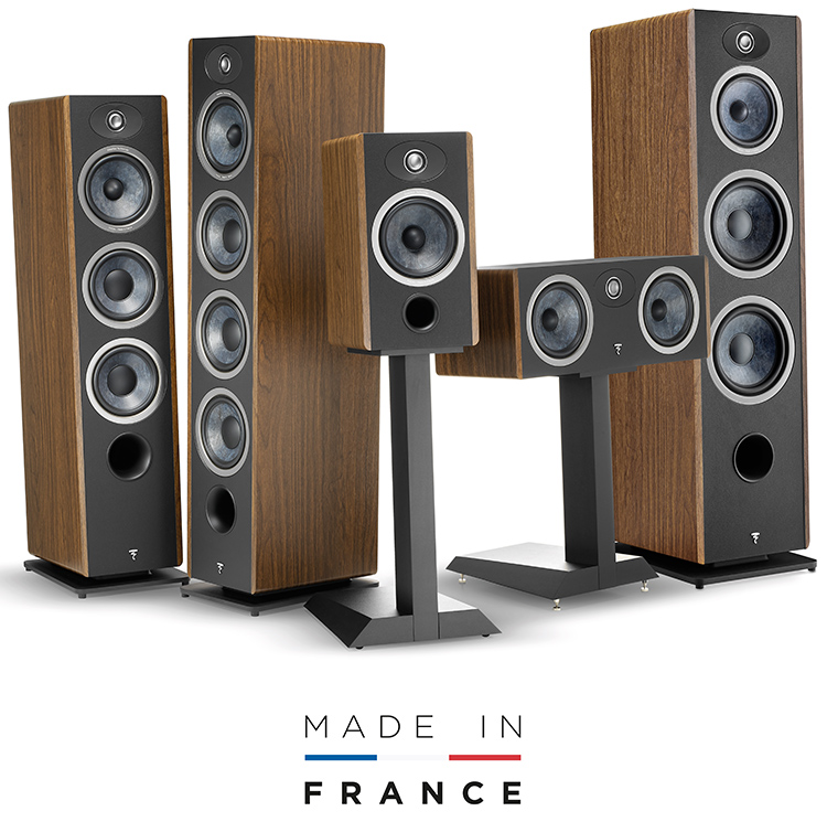 Square shaped digital marketing promotional banner showcasing the loudspeaker products of the Focal Vestia lineup collection followed by a small typography detail that reads MADE IN FRANCE