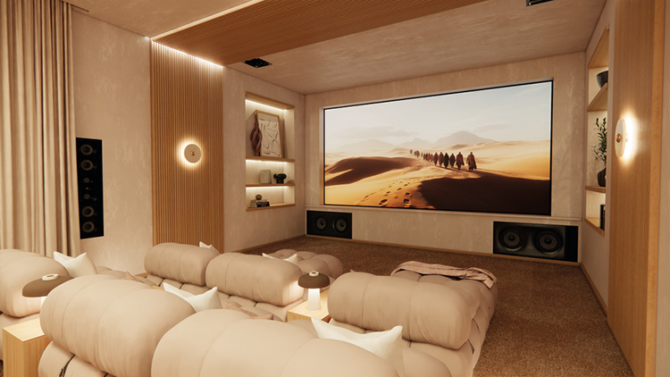 Digital landscape orientation promotional image display rendering of a home theater room containing the Focal 1000 Series in-wall and in-ceiling loudspeakers