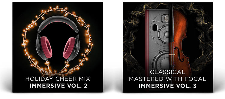 Side by side view of the Focal Naim America Mixed & Mastered with Focal immersive HD audio playlist album covers - Holiday Cheer Mix Immersive Vol.2 and Classical Mastered with Focal Immersive Vol.3