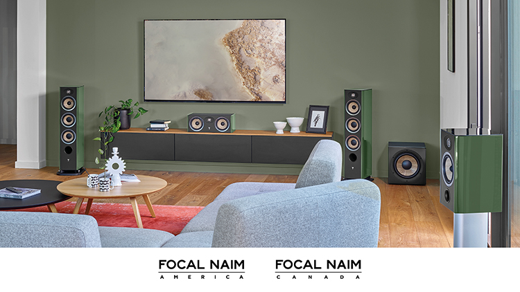 Focal Aria Evo X speaker line Living Room View with Focal Naim America and Focal Naim Canada logos at bottom of digital image