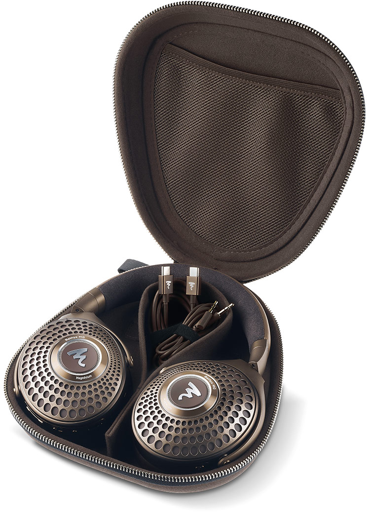 Focal Bathys MG Headphone product model situated inside open travel carrying case bag with cable accessories