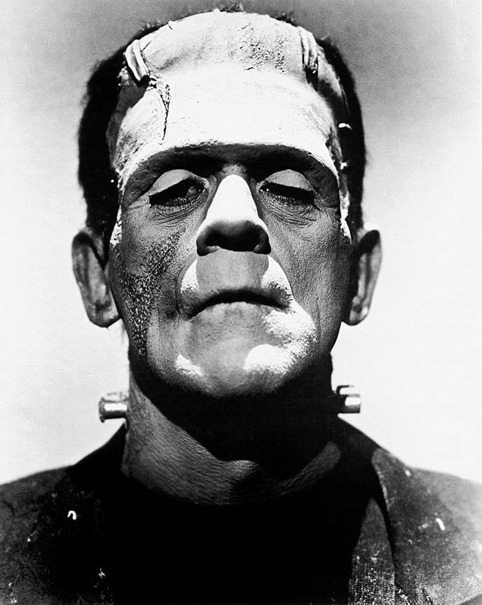 Black and white photograph of the Universal Pictures Frankenstein® Monster Character Face Close-up Makeup View Black and white photograph of the Universal Pictures Frankenstein® Monster Character Face Close-up Makeup View
