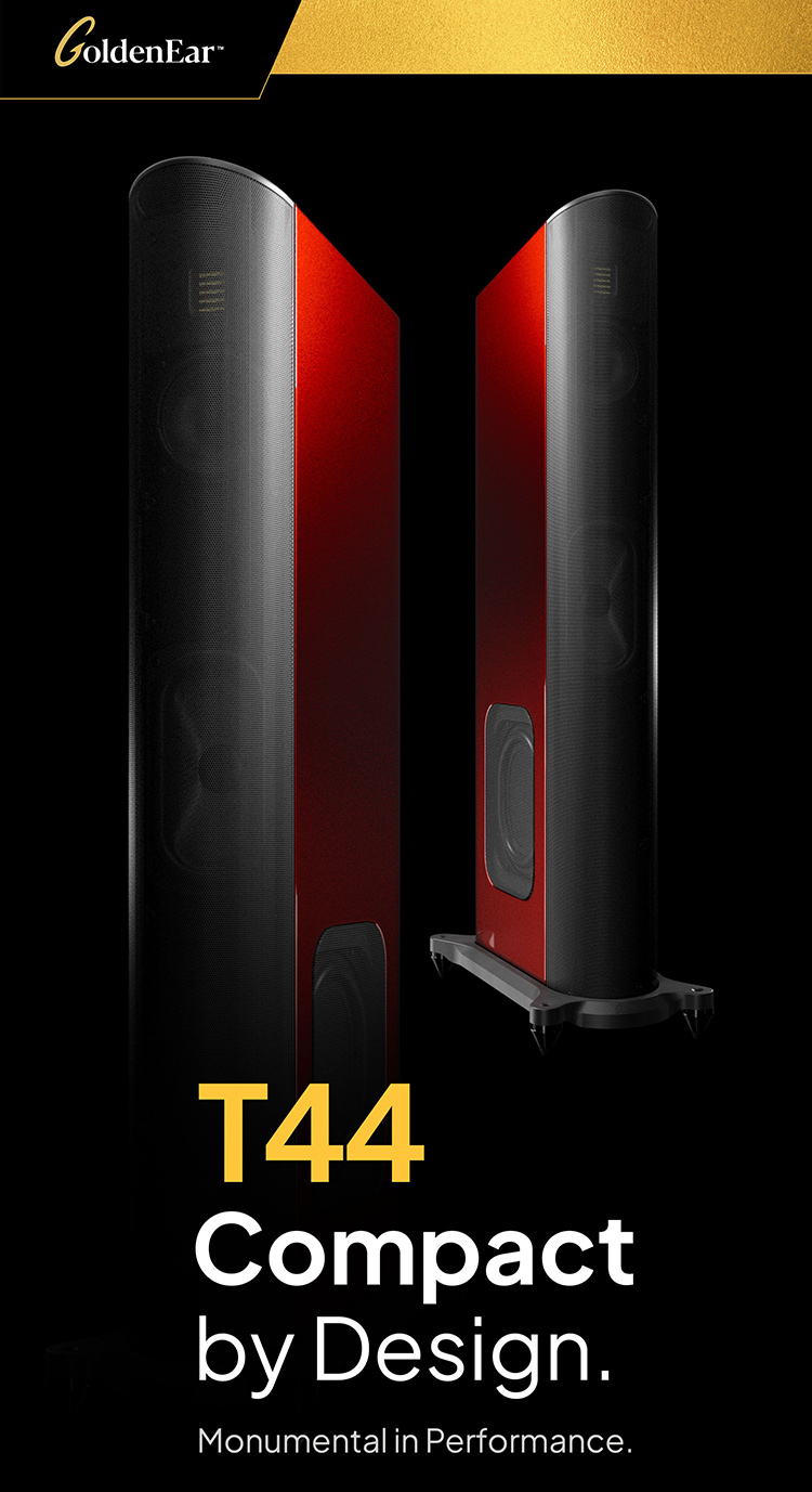 Digital portrait orientation promotional marketing image display of the GoldenEar T44 Hybrid-Floorstanding Speakers Santa Barbara Red Color Finish with text underneath that reads the following - T44 Compact by Design. Monumental in Performance.