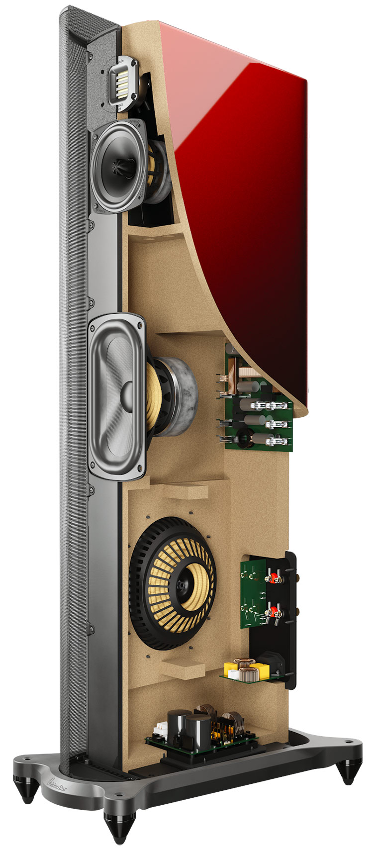 GoldenEar T44 Hybrid-Floorstanding Speakers Santa Barbara Red Color Finish Internal Components Angle View