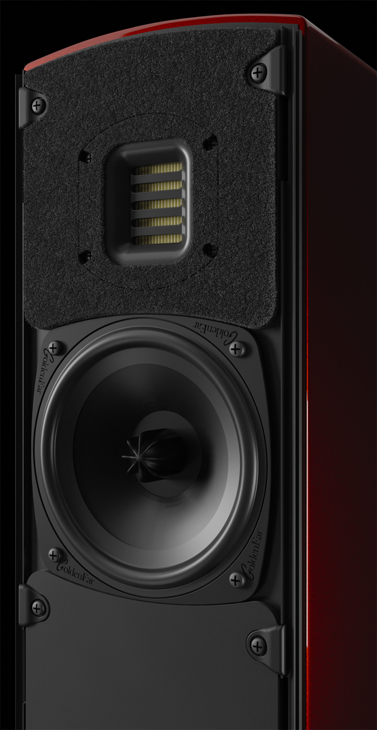 GoldenEar T44 Hybrid-Floorstanding Speaker Santa Barbara Red Color Finish Tweeter and Midrange Close-up View