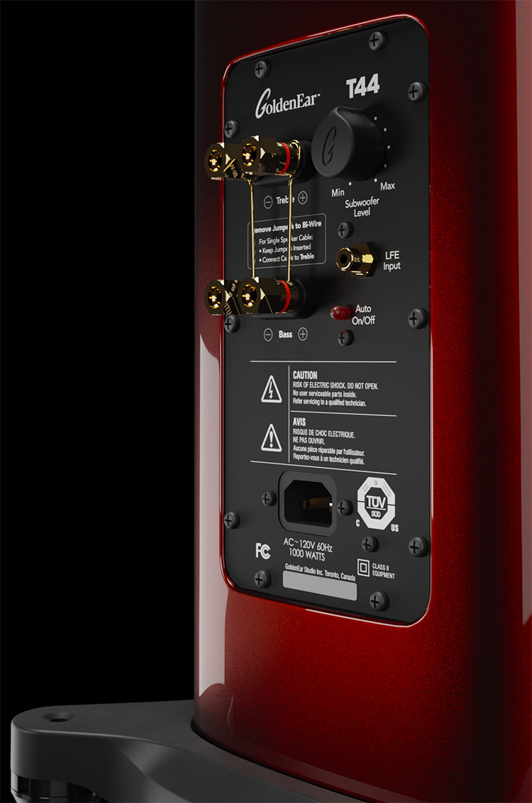 GoldenEar T44 Hybrid-Floorstanding Speaker Santa Barbara Red Color Rear Panel Angle View
