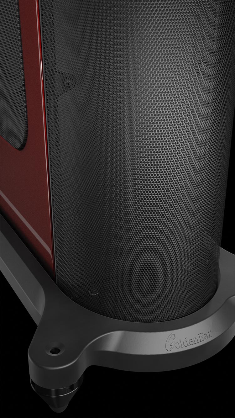 GoldenEar T44 Hybrid-Floorstanding Speaker Santa Barbara Red Color Finish Plinth View