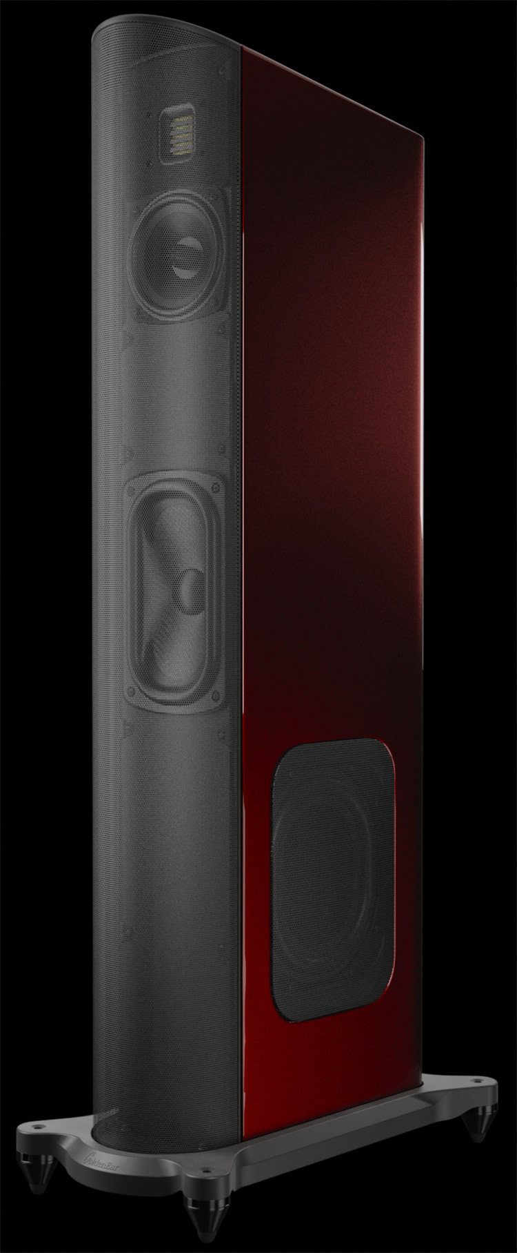 GoldenEar T44 Hybrid-Floorstanding Speaker Santa Barbara Red Color Finish Front Angle View