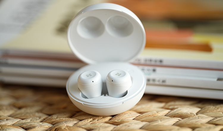 HIFIMAN True Wireless TWS450 Earbuds inside Carrying Case as product model is sitting nearby some books