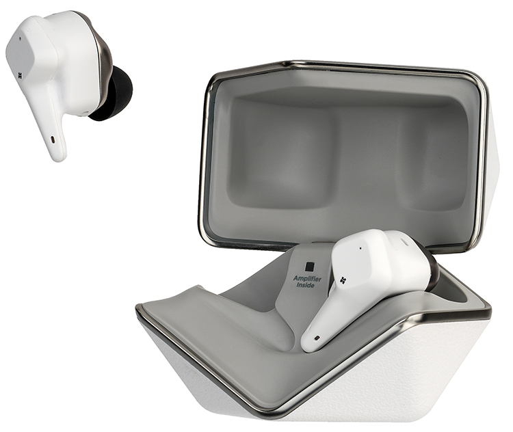 HIFIMAN SVANAR Wireless Jr True Wireless Earbud floating in air while other earbud is inside case view