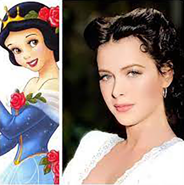 Side by side comparison showing the cartoon headshot picture of the Snow White character and a portrait headshot picture of Hedy Lamarr