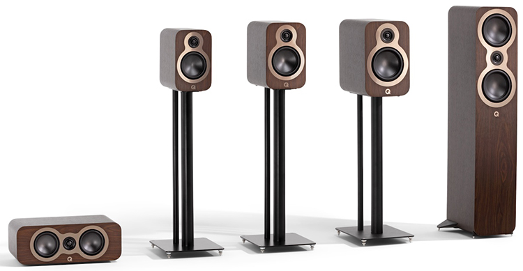 Landscape photo view of Q Acoustics 3000c loudspeaker series product models lined up next to each other