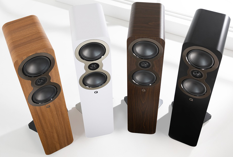 Close-up top photo view of Q Acoustics 3050c floorstander loudspeakers in different colored finishes