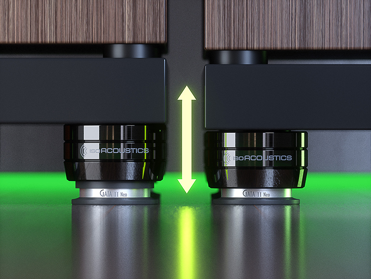 IsoAcoustics GAIA II Neo Speaker Isolation Feets Vertical Green Arrows Height Adjustment Representation