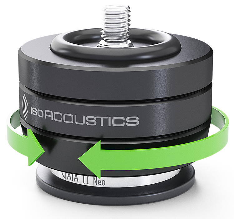 IsoAcoustics GAIA II Neo Speaker Isolation Feet Circular Round Green Arrows Height Adjustment Representation