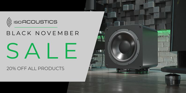 Landscape digital promotional banner highlighting the IsoAcoustics Black November Sale: 20 percent off all products details