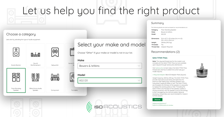 Landscape digital promotional banner showcasing the IsoAcoustics Product Selection Wizard software user interface screens