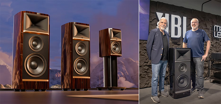 Side by side horizontal orientation promotional marketing banner showcasing three floor-standing speaker audio product models on display at JBL Summit Series followed by Dave Morrison (left) with Jim Garrett, Senior Director, Product Strategy and Planning at HARMAN (right) standing together in front of a floor-standing speaker audio product model
