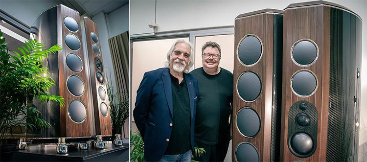 Side by side horizontal orientation promotional marketing banner showcasing two Marten Coltrane Supreme Extreme floor-standing speaker audio product models on display followed by Dave Morrison (left) with Leif Olofsson, Founder and Chief Designer of Marten (right) standing together beside two Marten Coltrane Supreme Extreme floor-standing speaker audio product models